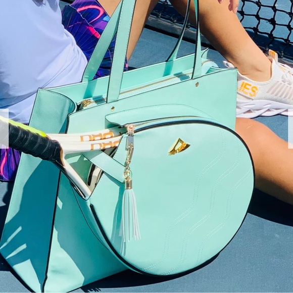 NiceAces Tennis Tote NWT 2 rackets mint green safiano pattern - Picture 5 of 7